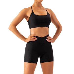 New Design Yoga 2 Pieces Womens Ribbed Training Wear Black